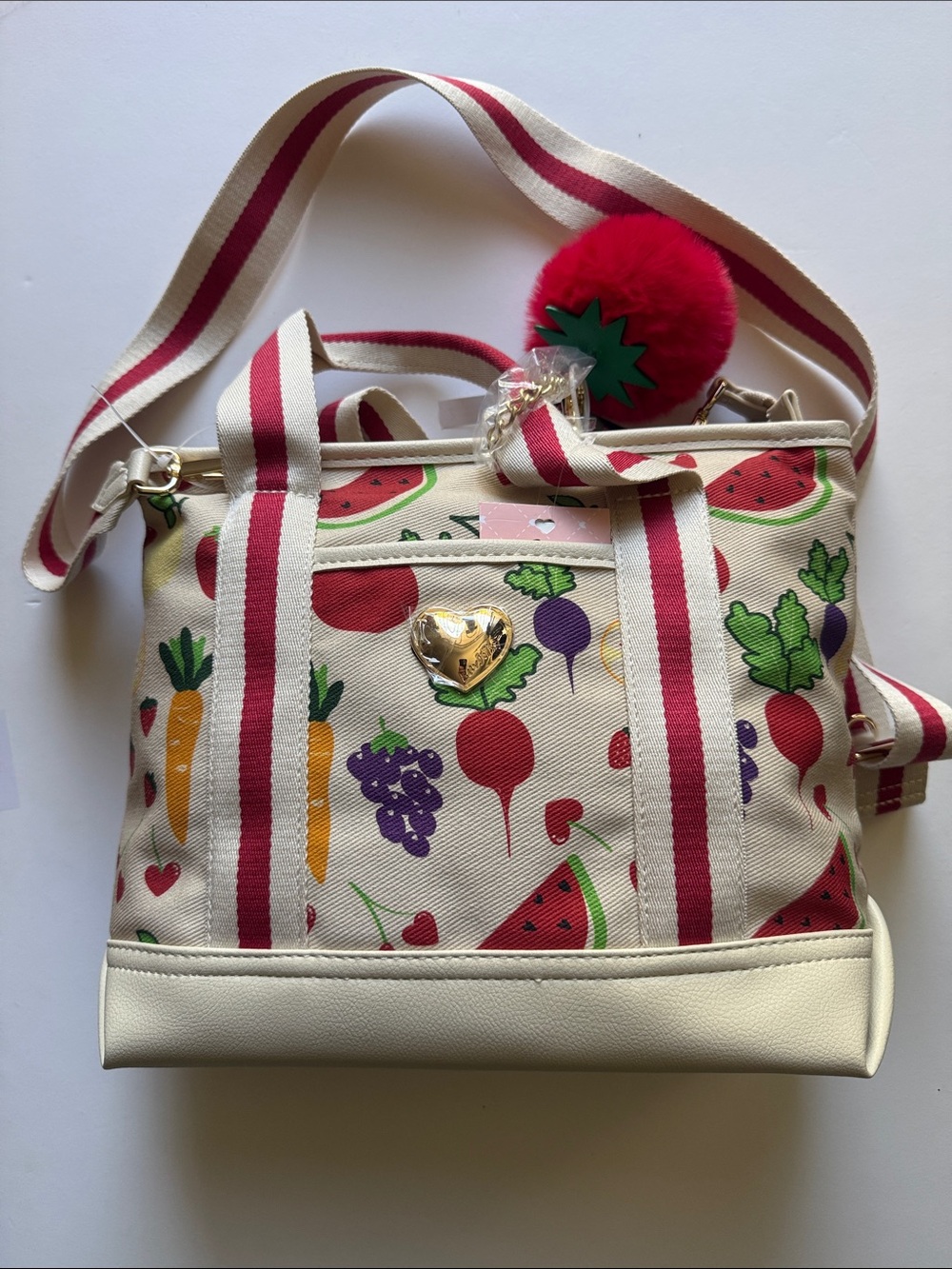 Betsey Johnson Canvas Vegetable & Fruit Print Tote Bag in Cream and Red